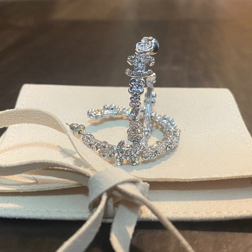 Chanel CC Silver Vine Earrings with Crystal Accents